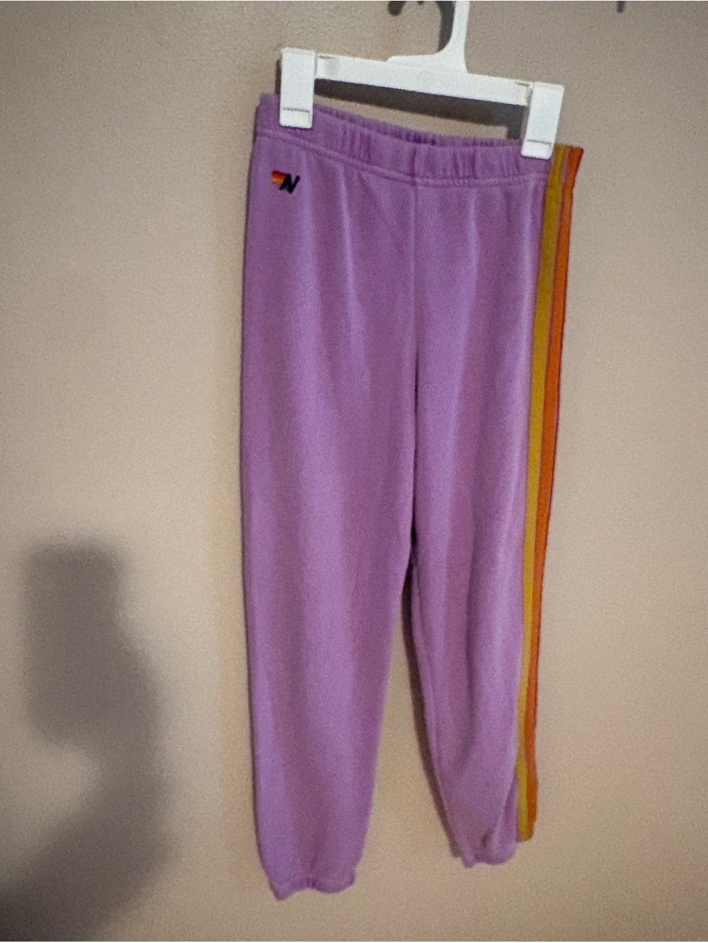 Aviator Nation Lavender Joggers with rainbow colored Side Stripes